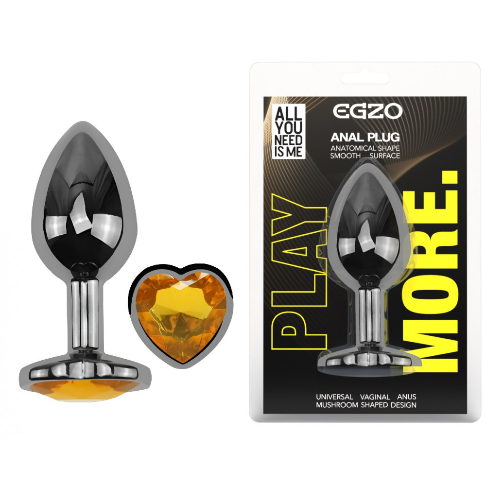  - Анальная пробка с кристаллом EGZO - Dark Silver Heart Plug Yellow size M