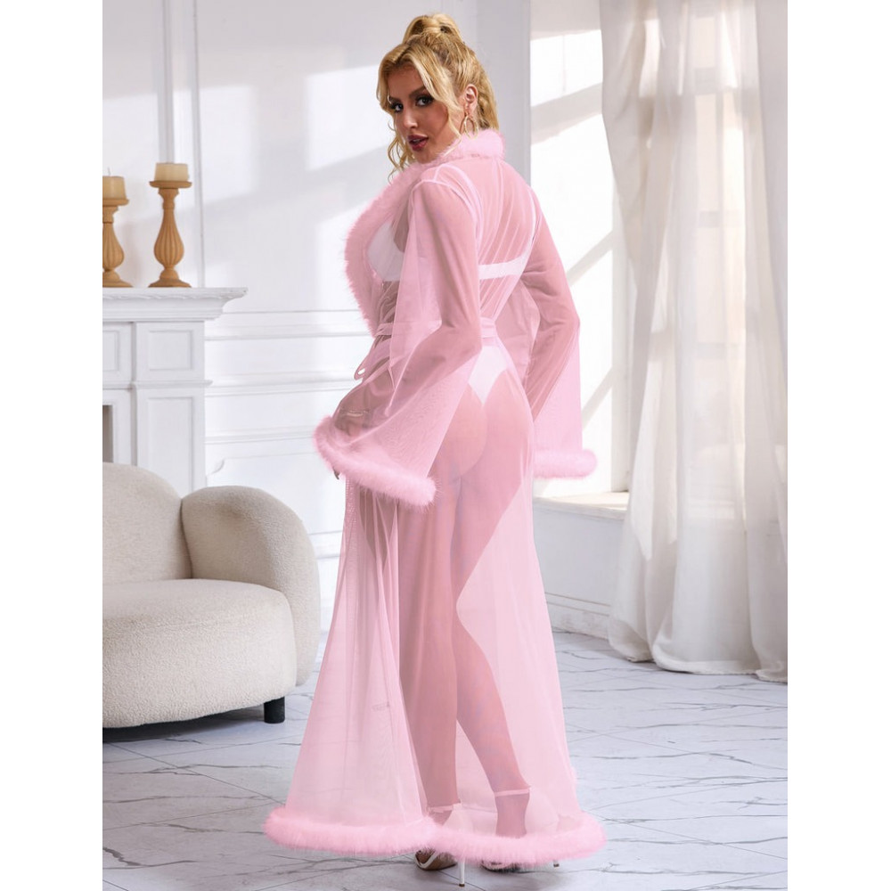 Різне - Рожевий сексуальний довгий халатик у сіточку Star Night з обробкою з хутра під норку та поясом, M 5