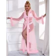 Рожевий сексуальний довгий халатик у сіточку Star Night з обробкою з хутра під норку та поясом, M