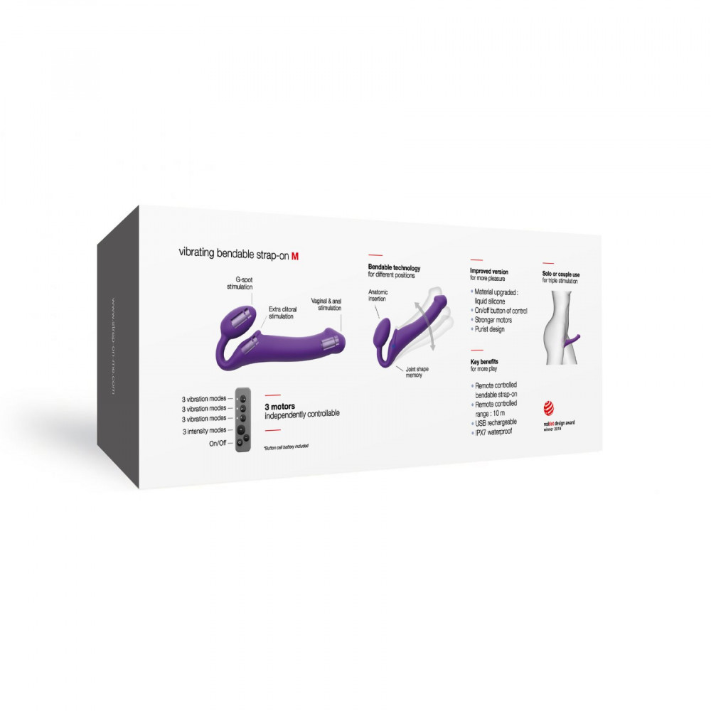 Страпони - Безремінний страпон з вібрацією Strap-On-Me Vibrating Violet M, діаметр 3,8 см, пульт ДК, регульований 15