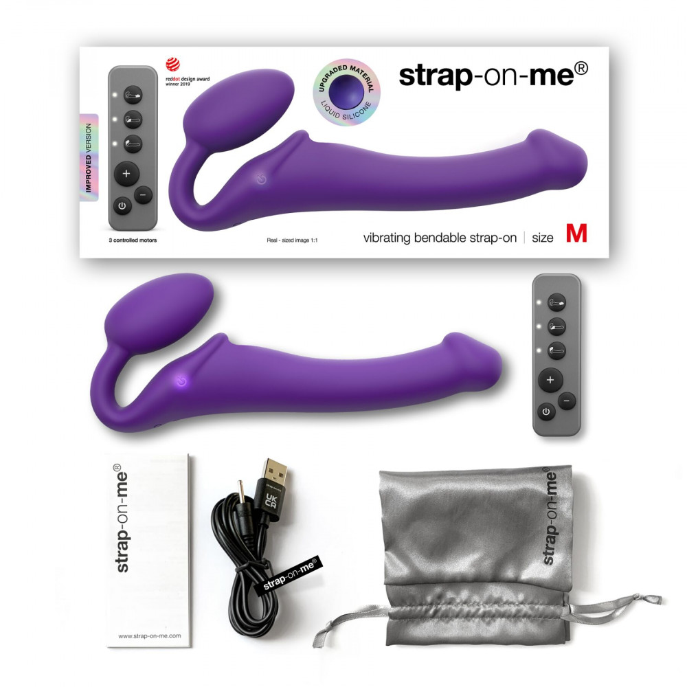 Страпони - Безремінний страпон з вібрацією Strap-On-Me Vibrating Violet M, діаметр 3,8 см, пульт ДК, регульований 13