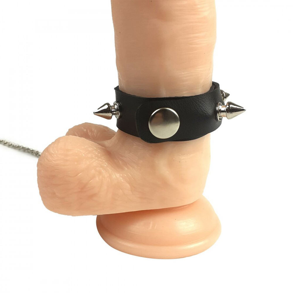 Ошейники, поводки - Кольцо для пениса Penis Ring с шипами и поводком, натуральная кожа 1