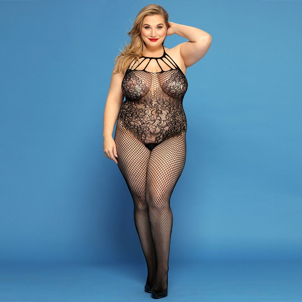 Бодистокинг - Сетчатый бодистокинг JSY «Откровенная Мадлен» Plus Size, Black, имитация боди, кружево, доступ