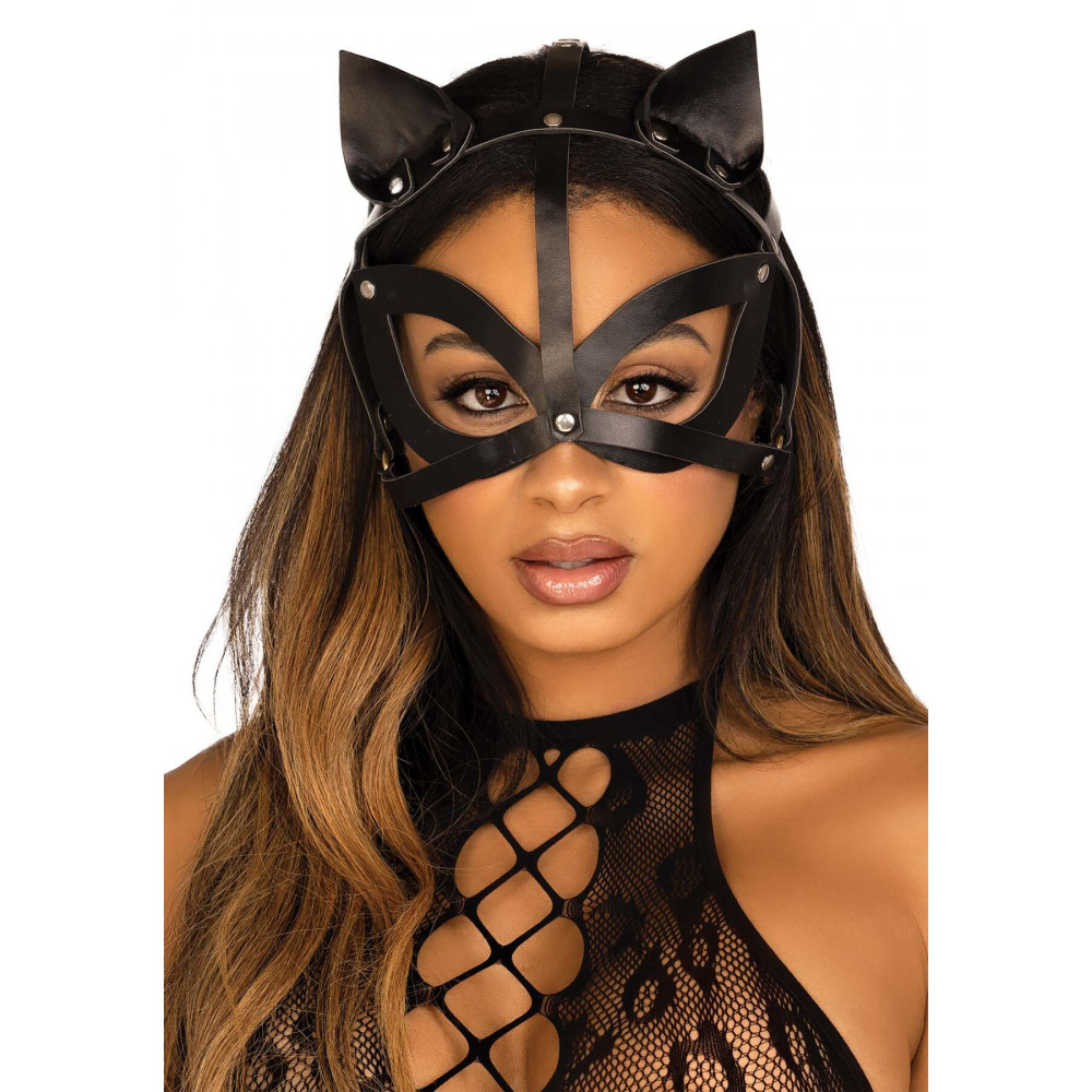 Маски - Маска кошки из экокожи Leg Avenue Vegan leather studded cat mask Black