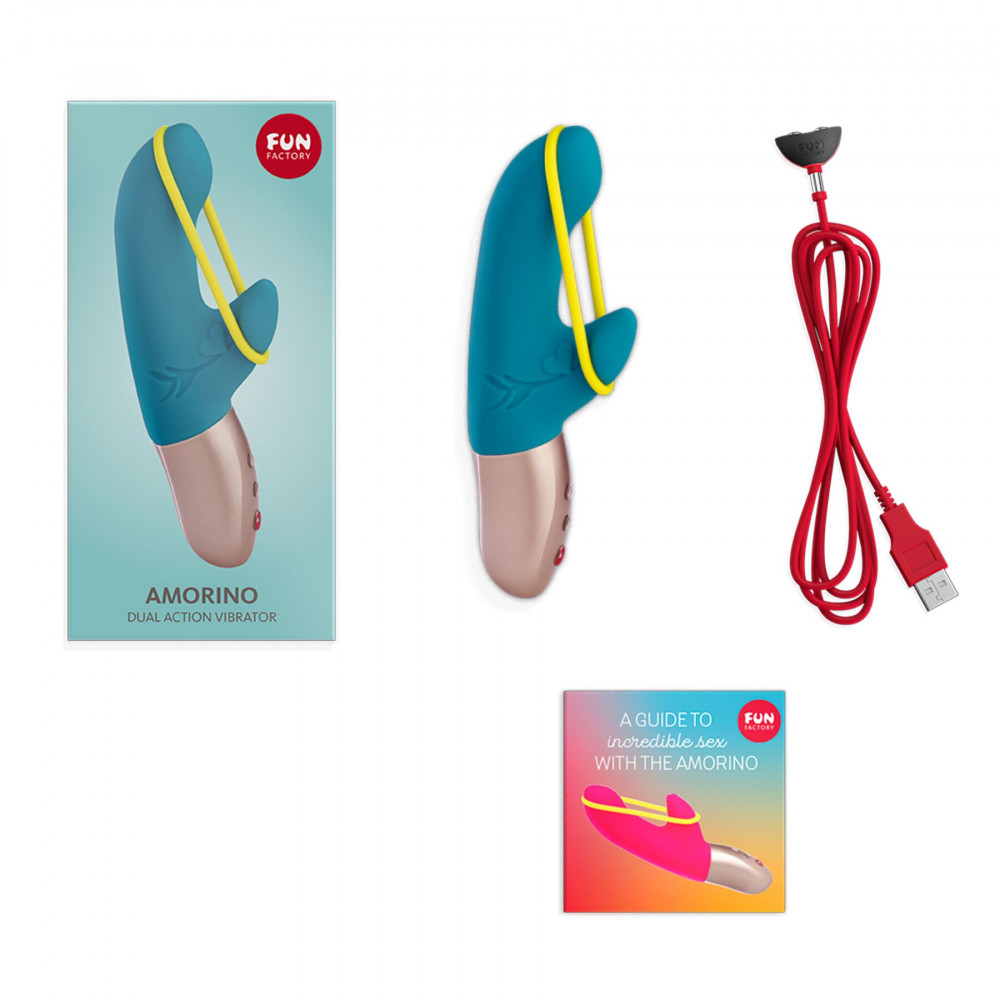 Вибратор-кролик - Мини вибратор-кролик со стимулирующей лентой Fun Factory AMORINO petrol/neon yellow, лента съемная 4
