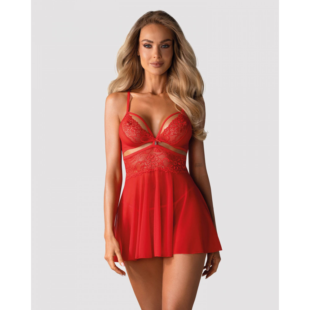 Эротические пеньюары и сорочки - Бэби-долл Obsessive 838-BAB-3 babydoll & thong red 2XL/3XL