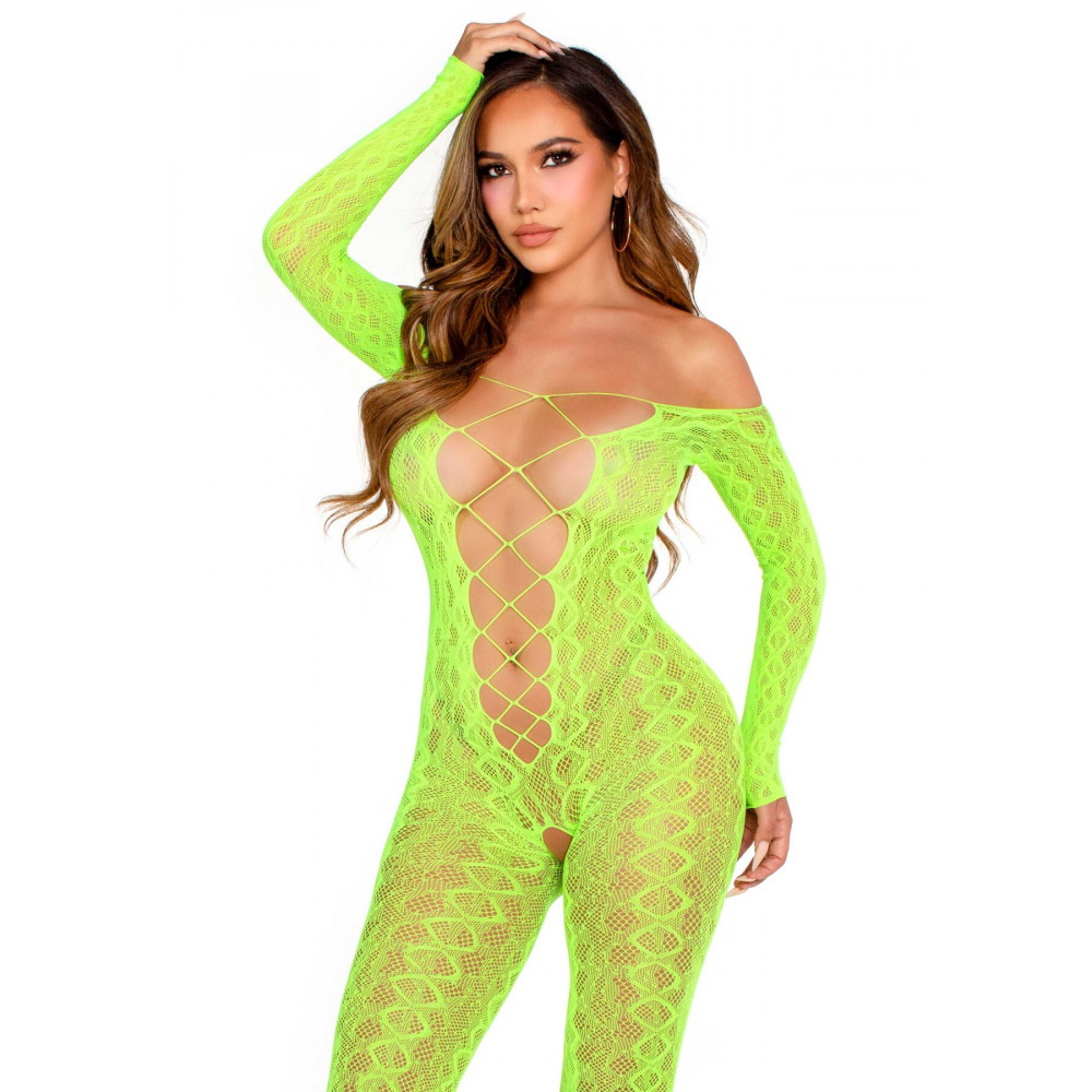 Бодистокинг - Бодистокинг Leg Avenue Crotchless Footless Lingerie Bodystocking One Size Neon Green 2