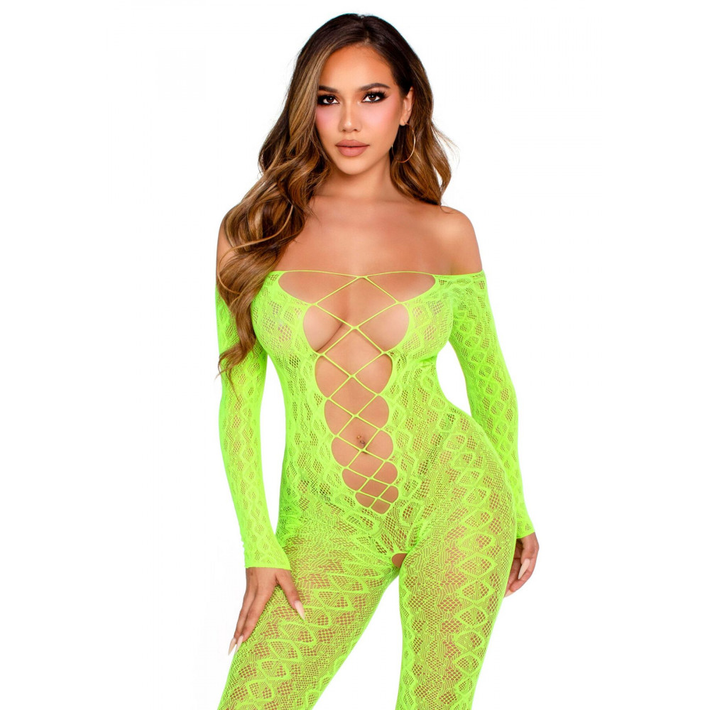 Бодистокинг - Бодистокинг Leg Avenue Crotchless Footless Lingerie Bodystocking One Size Neon Green
