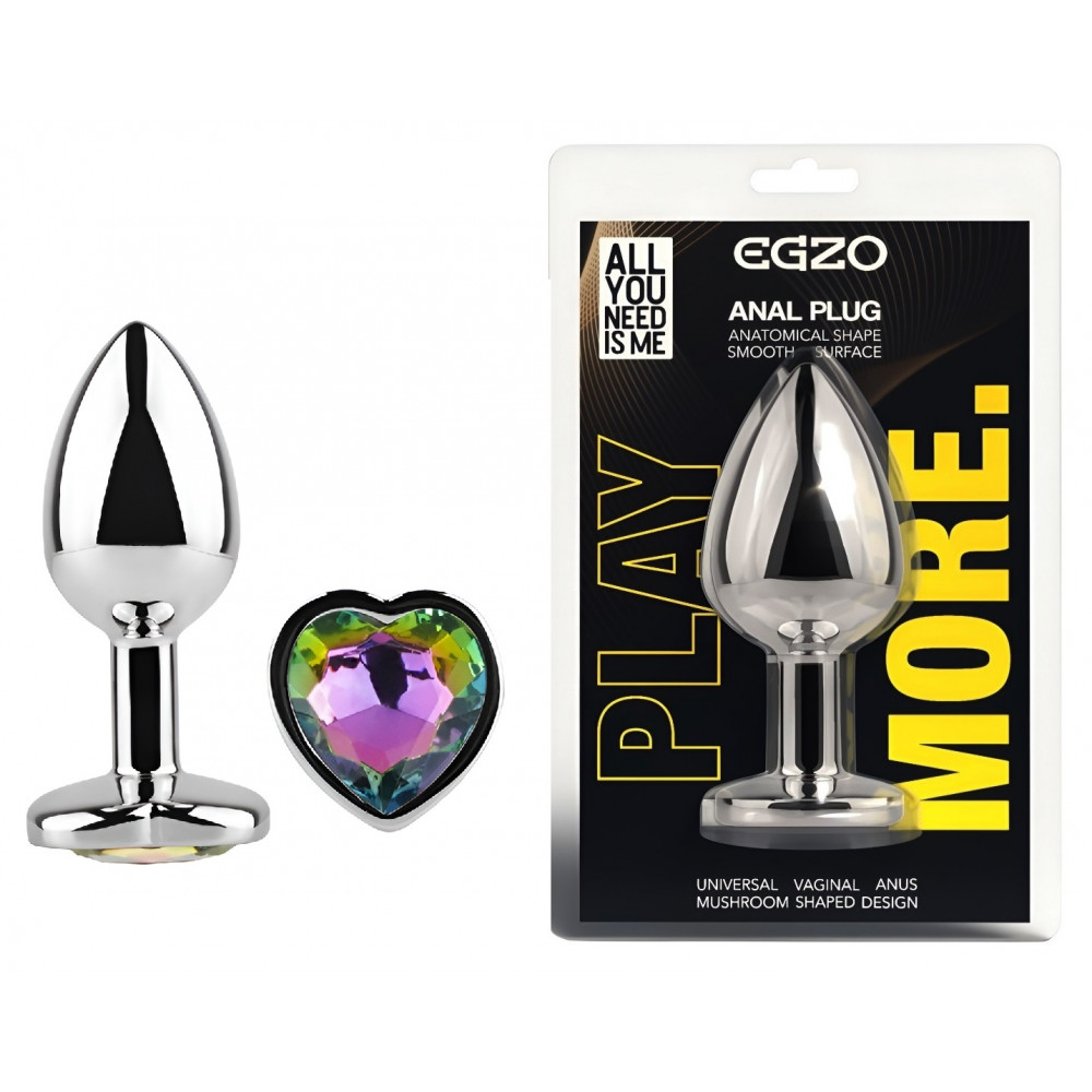 Анальные игрушки без вибрации - Анальная пробка с кристаллом EGZO - Silver Heart Plug Rainbow size S
