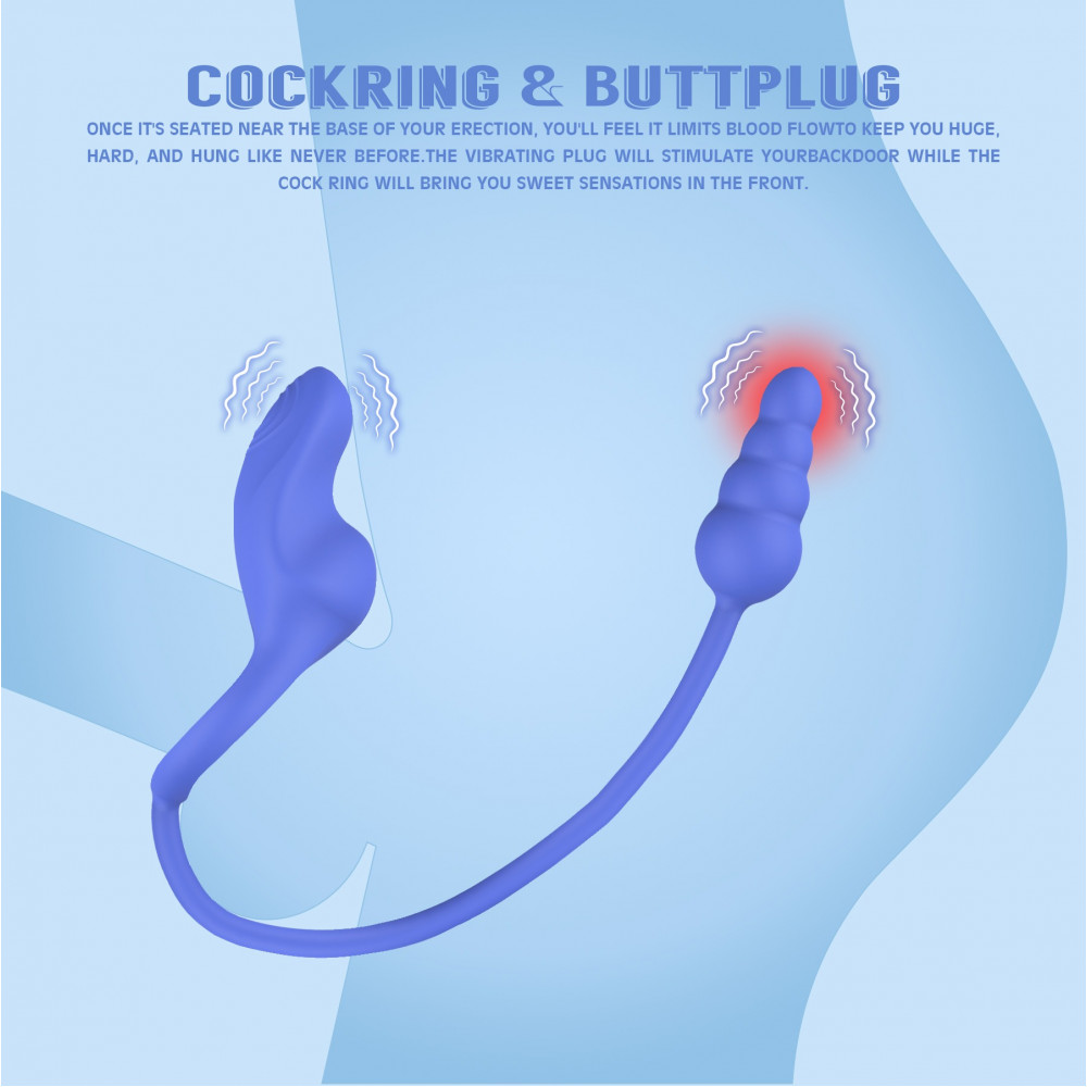 Разное - Эрекционное кольцо с анальным плагом Chisa Kissen Dally вибрирующее, синее 3