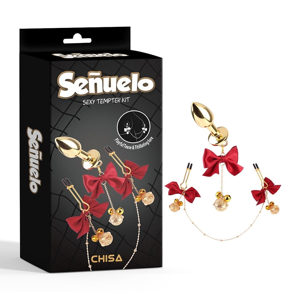 Подарочные наборы - Набор CHISA Sexy Tempter Kit-Red Senuelo анальная пробка и зажимы на соски с бантиками