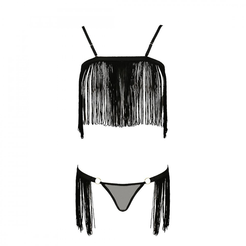Эротические комплекты - Комплект белья KASSANDRA SET OpenBra black L/XL - Passion Exclusive: лиф из бахромы, трусики-юбка 2