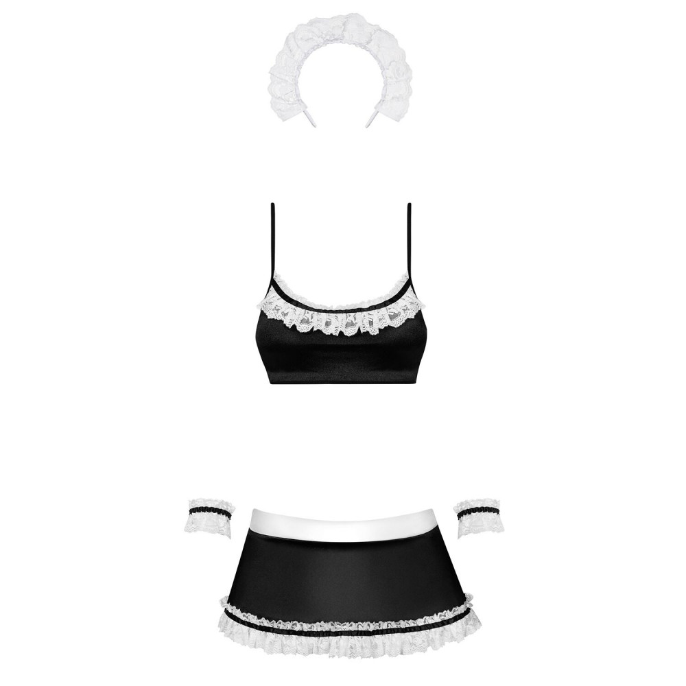 Эротические костюмы - Атласный эротический костюм горничной Obsessive Maid set S/M, black, топ, юбка, стринги, манжеты, об 5