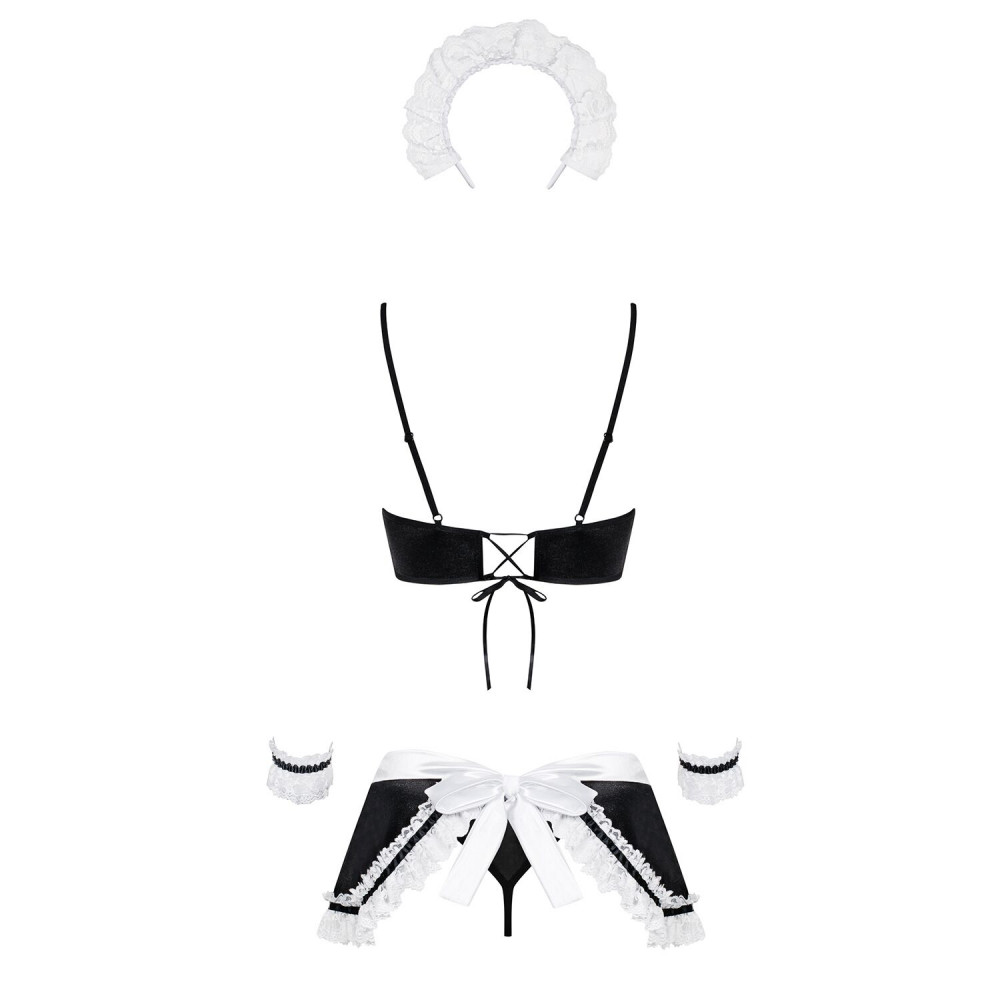 Эротические костюмы - Атласный эротический костюм горничной Obsessive Maid set S/M, black, топ, юбка, стринги, манжеты, об 4