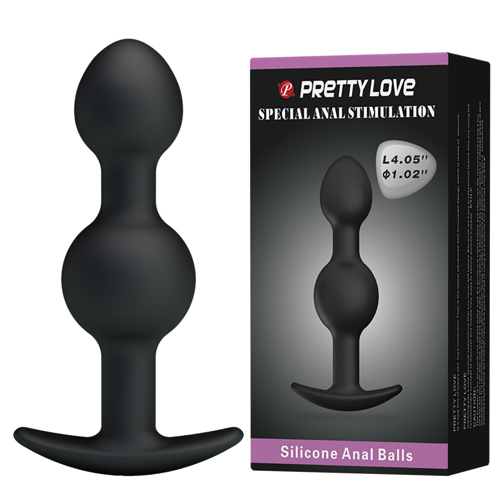 Анальні іграшки без вібрації - Анальна пробка силіконова PRETTY LOVE Heavy Balls з двома кульками, чорна, 10.4 х 2.6 см