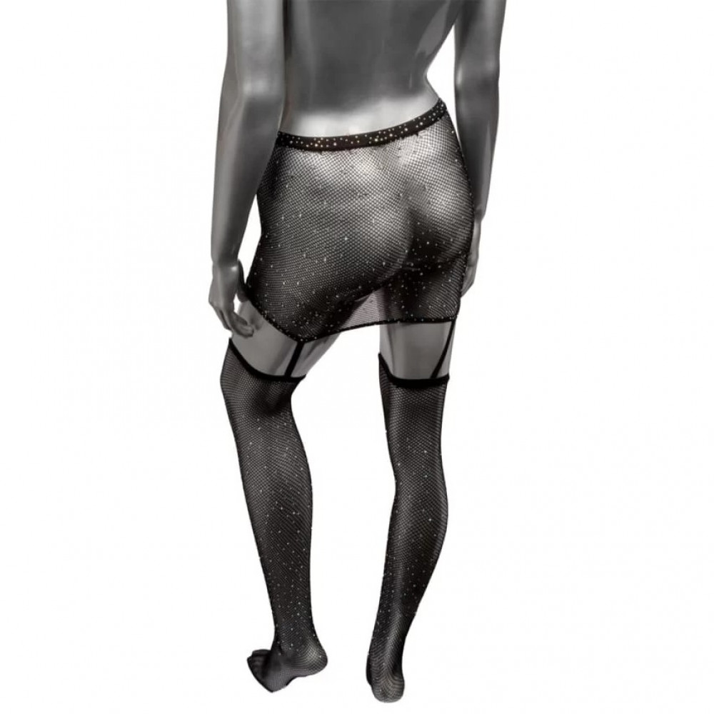Разное - Пояс-юбка с чулками в сетку со стразами Calexotics Garter Skirt Thigh Highs, черный 2