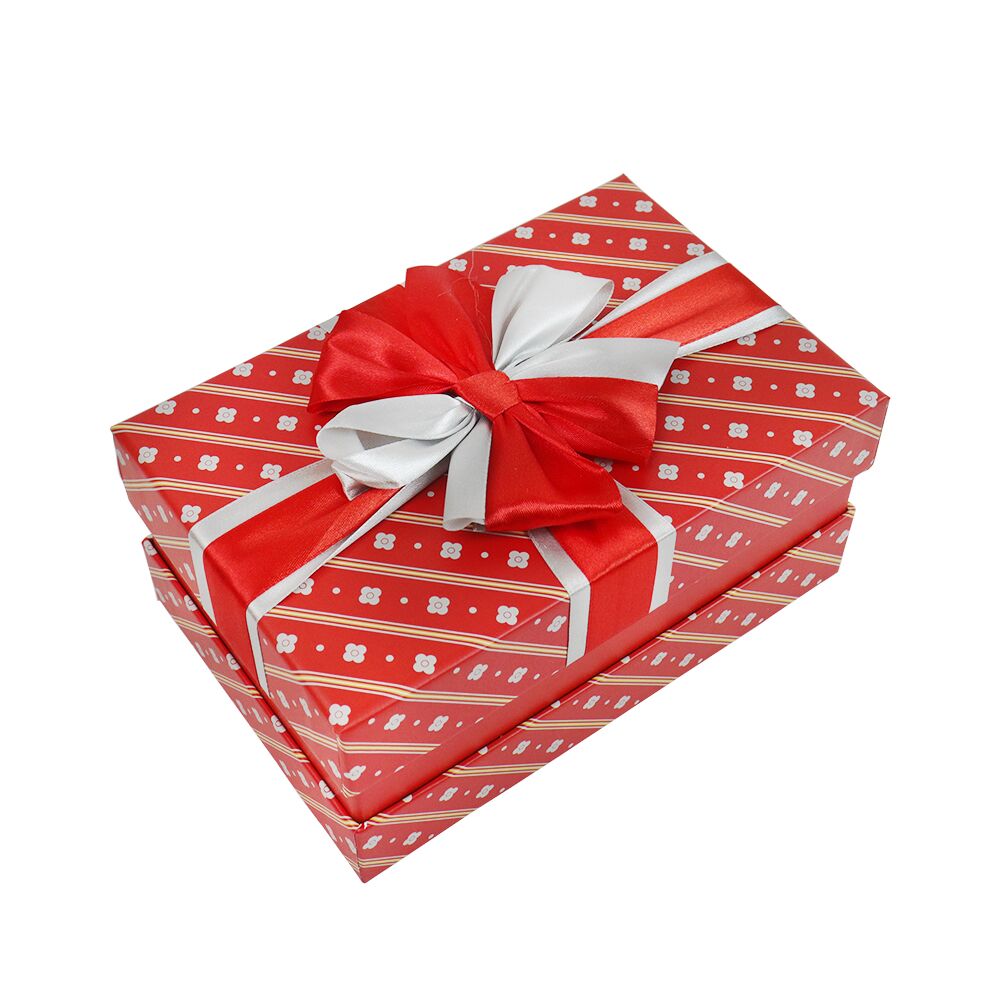  - Подарочная коробка с бантом красно-белая, L - 28,5х21,5х12,8 см
