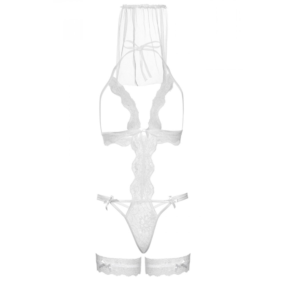 Эротические костюмы - Костюм невесты Leg Avenue G-string teddy, veil & garter One size White, с открытой грудью 2