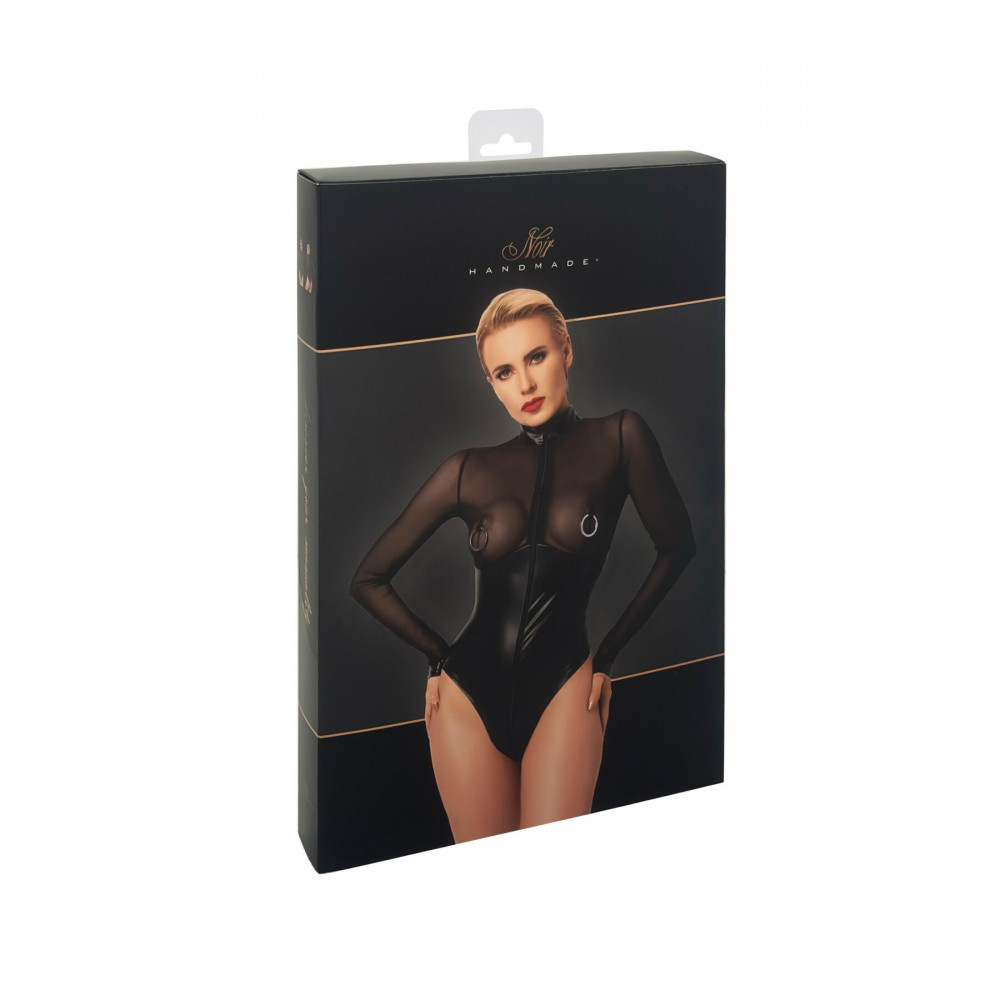 Эротическое боди - Боди Noir Handmade F321 Edge wetlook and mesh body with rings - 3XL 8