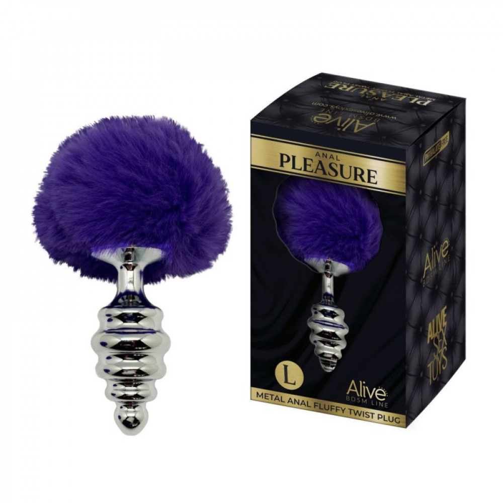 Анальные игрушки без вибрации - Анальная рельефная пробка Alive Anal Pleasure с темно-фиолетовым хвостом, L