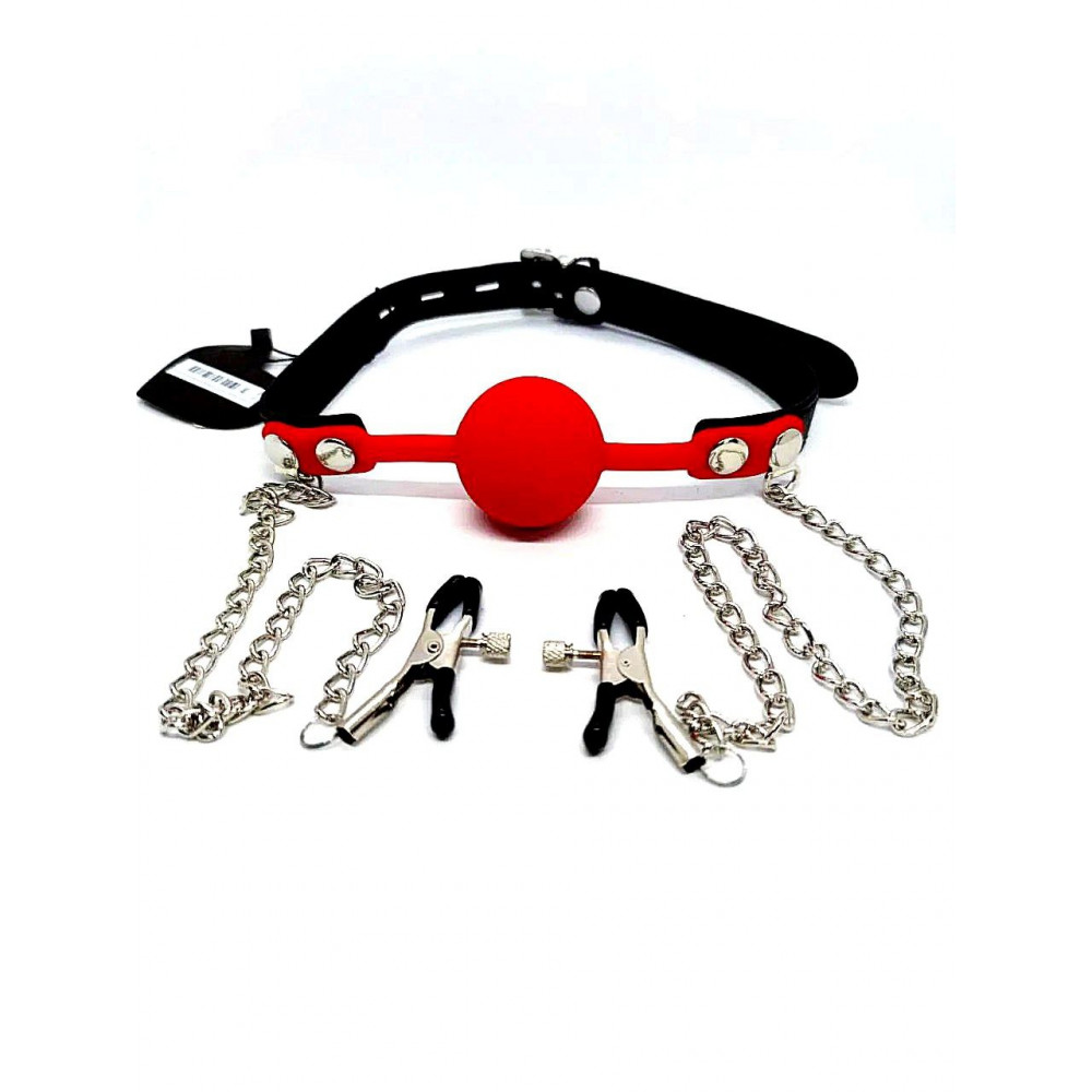 БДСМ игрушки - Кляп с зажимами на соски DS Fetish Locking gag with nipple clamps black/red