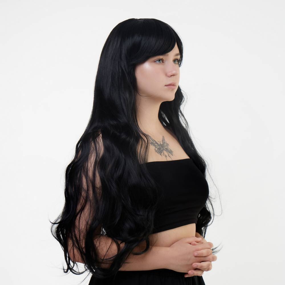 Ролевые костюмы - Парик длинный волнистый с челкой Fetish Hair черный, 80 см