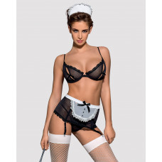 Эротический костюм горничной Obsessive Maidme set 5pcs S/M, бюстгальтер, пояс с фартуком, чулки, стр