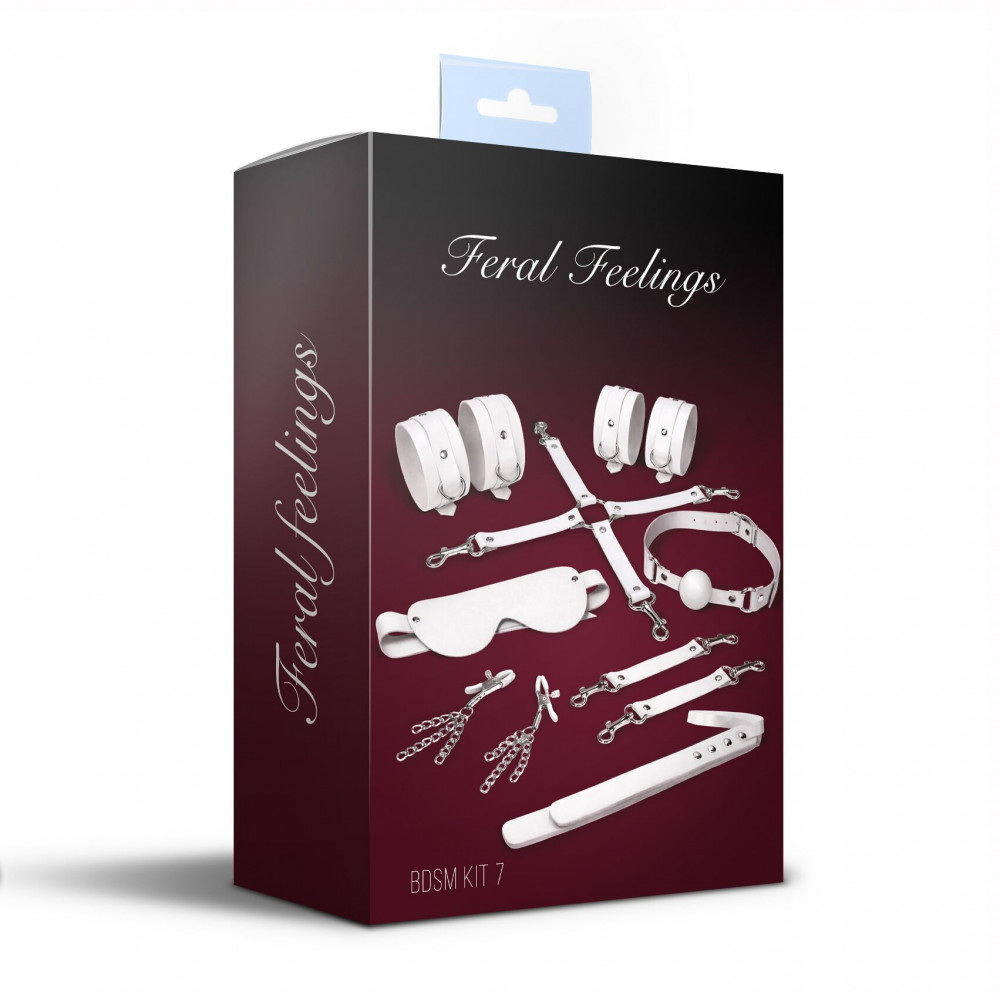 БДСМ игрушки - Набор Feral Feelings BDSM Kit 7 White, наручники, поножи, коннектор, маска, паддл, кляп, зажимы 1
