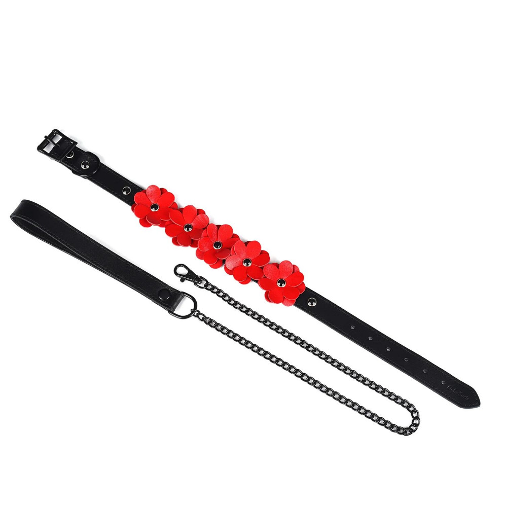  - Нашийник з повідцем Liebe Seele Flower Rhythm - Black and Red Leather Flowers collar with Leash 1