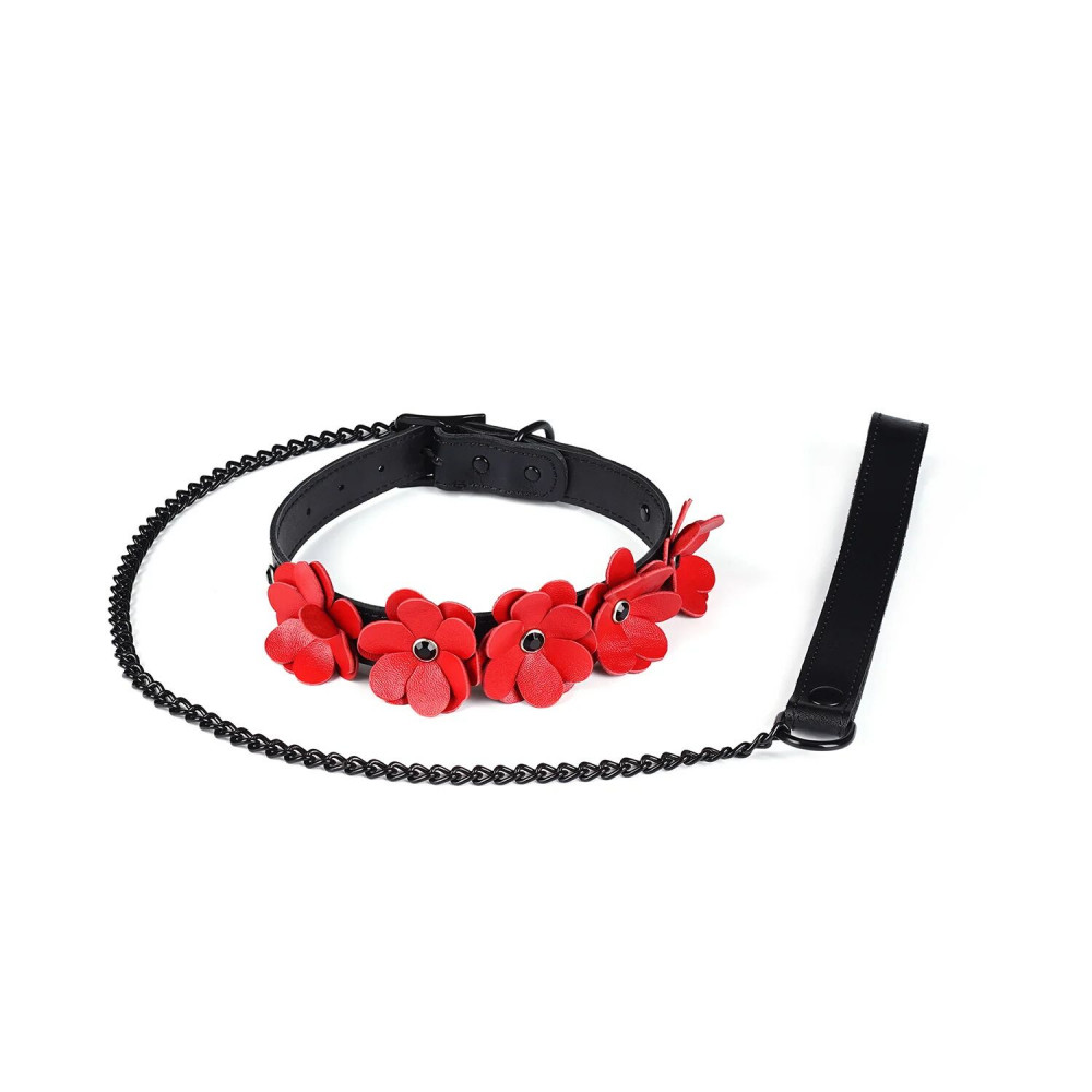  - Нашийник з повідцем Liebe Seele Flower Rhythm - Black and Red Leather Flowers collar with Leash