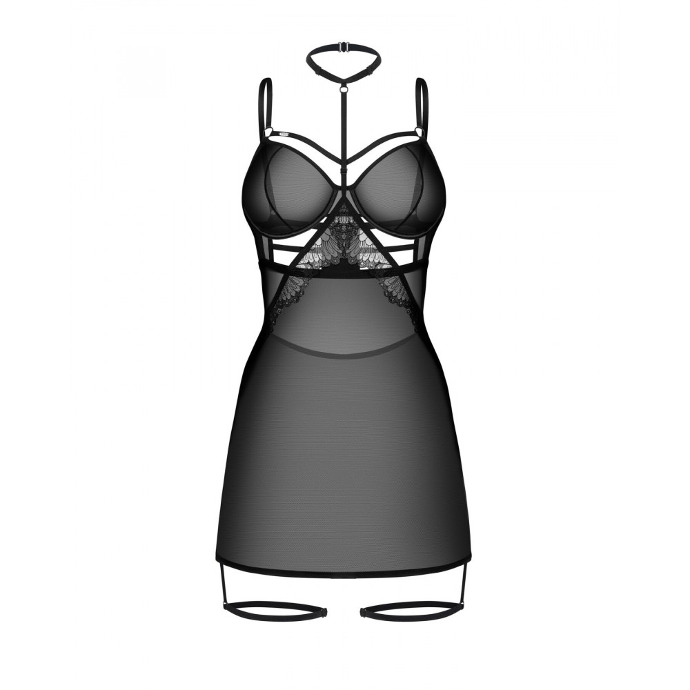 Сексуальні сукні - Бебі-дол Obsessive Arrowel Black chemise 2XL/3XL, з декоративним чокером та гартерами 2