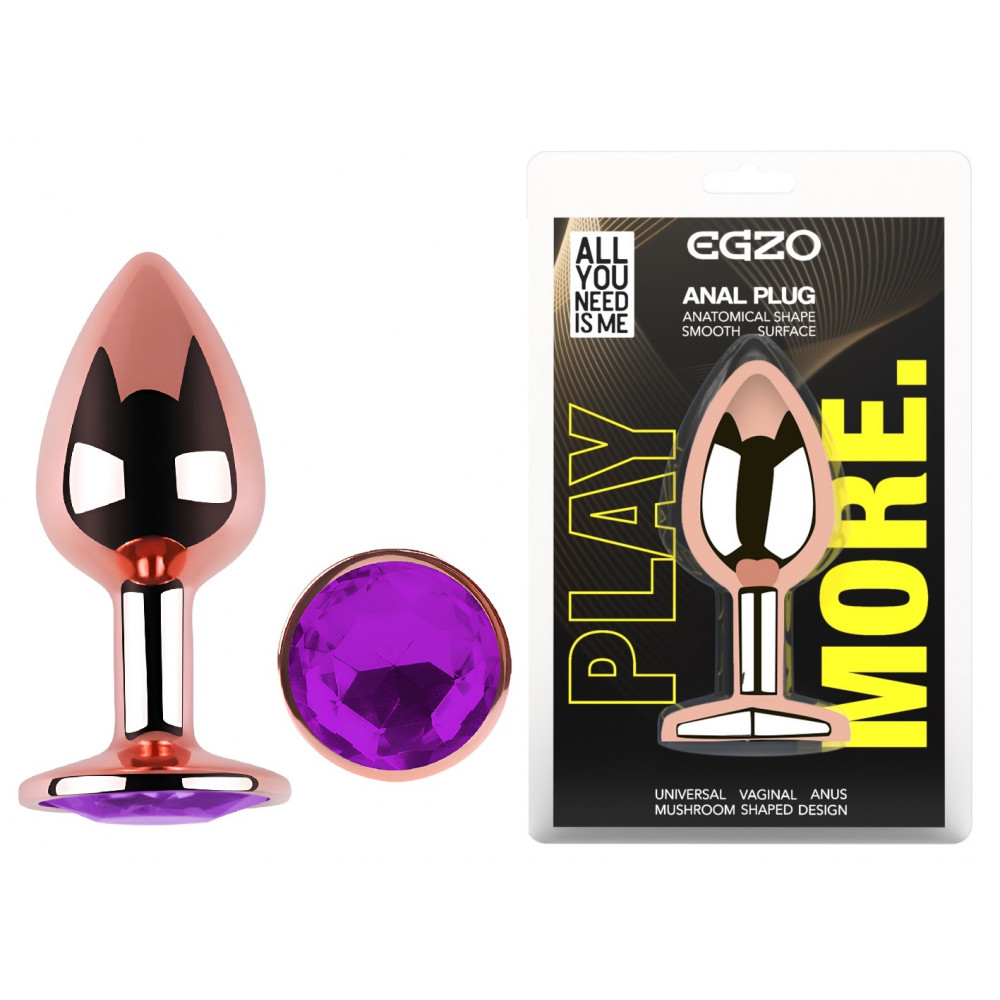  - Анальная пробка с кристаллом EGZO - Rose Gold Round Plug Purple size M