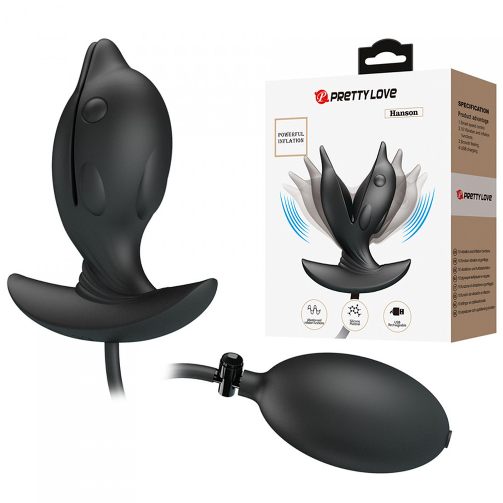 Анальные игрушки с вибрацией - Анальная пробка с накачкой Pretty Love Hanson «Дельфин», черная, 10.6 х 4.1 см