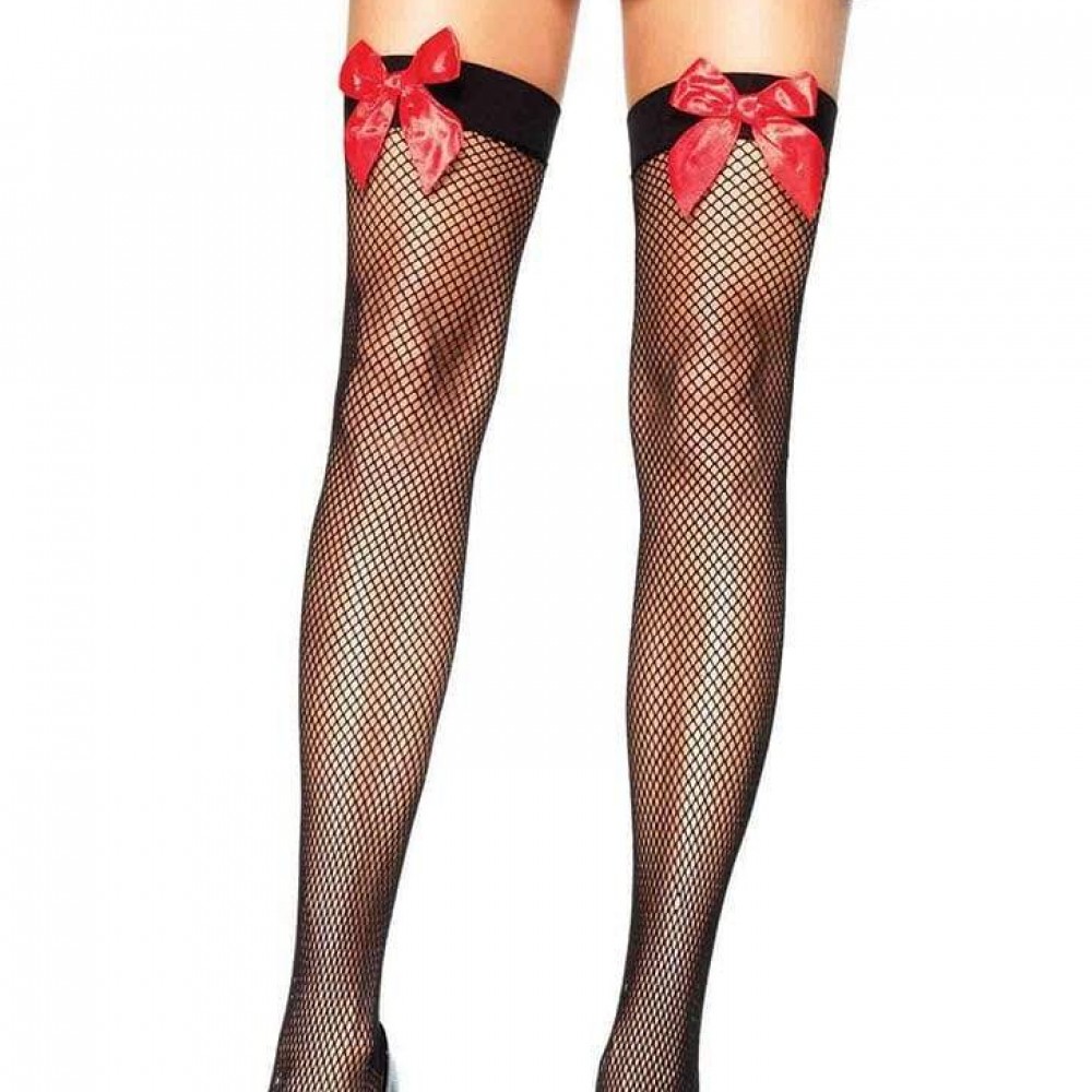 Чулки - Чулки в сеточку с красным бантом Leg Avenue Fishnet Thigh Highs With Bow O/S 1