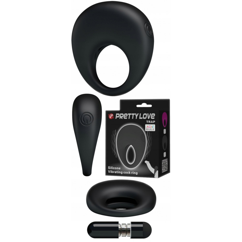 Різне - Ерекційне кільце з вібрацією Pretty Love Trap зі знімною віброкулею, чорне, 5.5 х 2.2 см 2