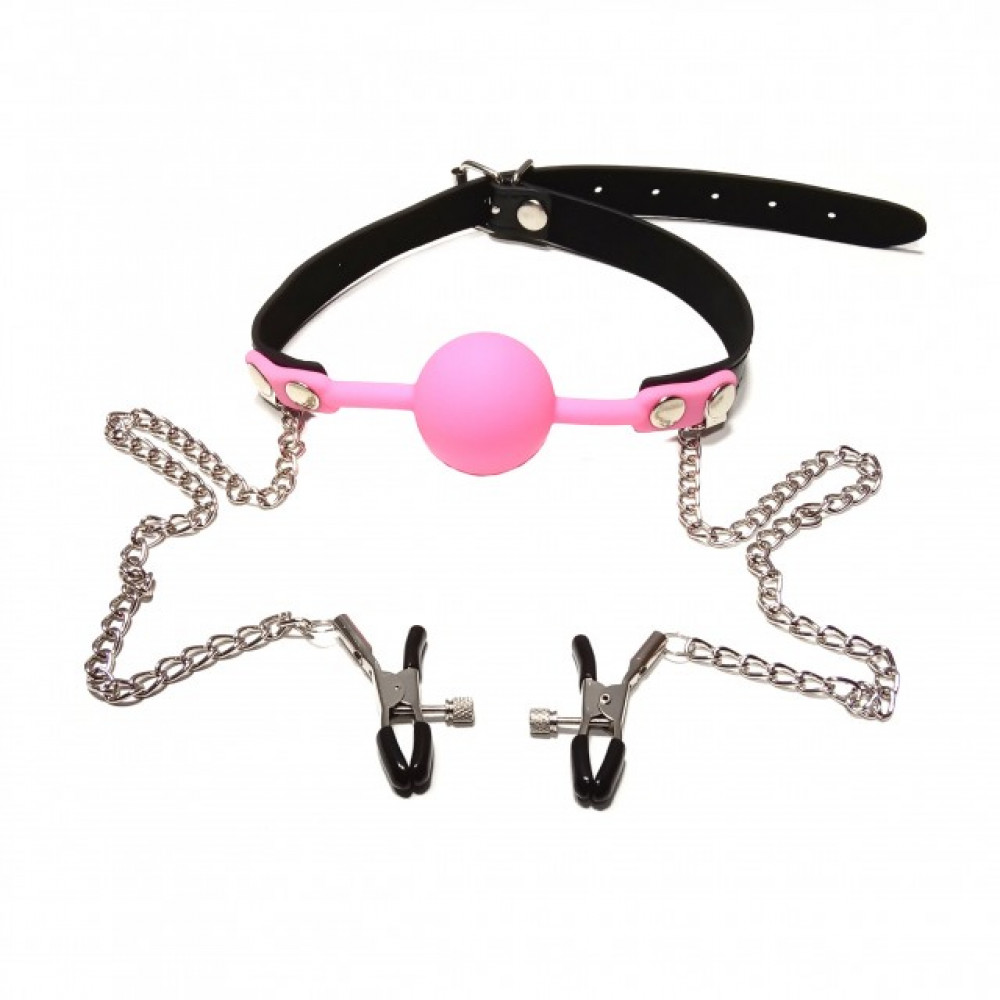 Кляп - Кляп с зажимами на соски DS Fetish Locking gag with nipple clamps black/pink