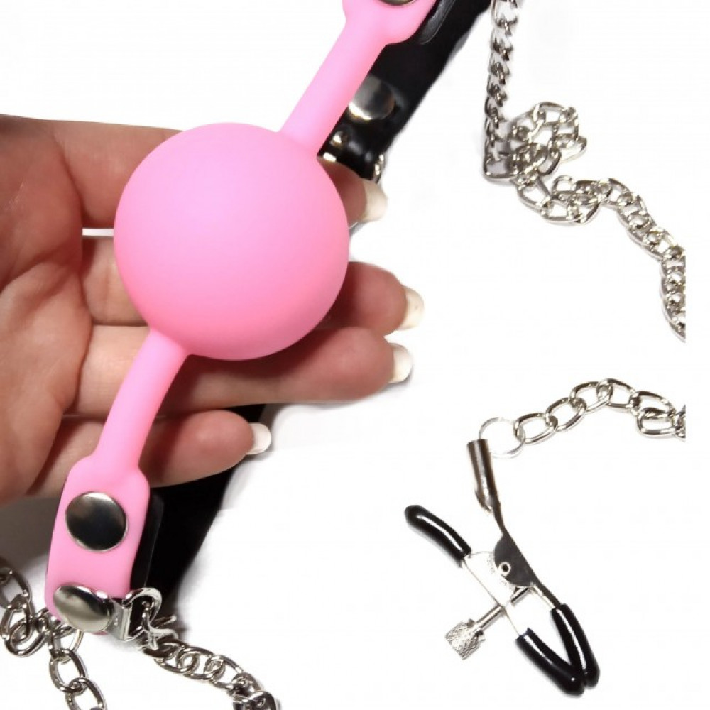 Кляп - Кляп с зажимами на соски DS Fetish Locking gag with nipple clamps black/pink 1