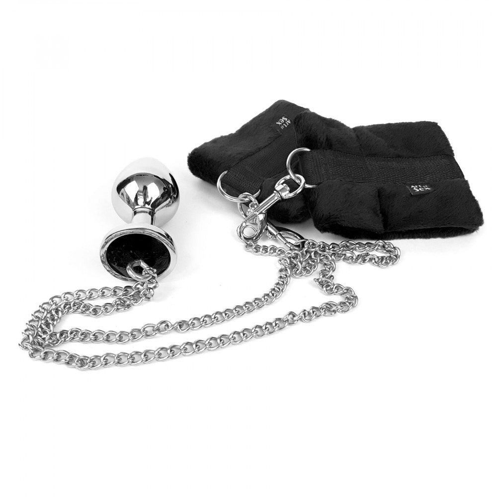 БДСМ наручники - Наручники с металлической анальной пробкой Art of Sex Handcuffs with Metal Anal Plug size M Black 1