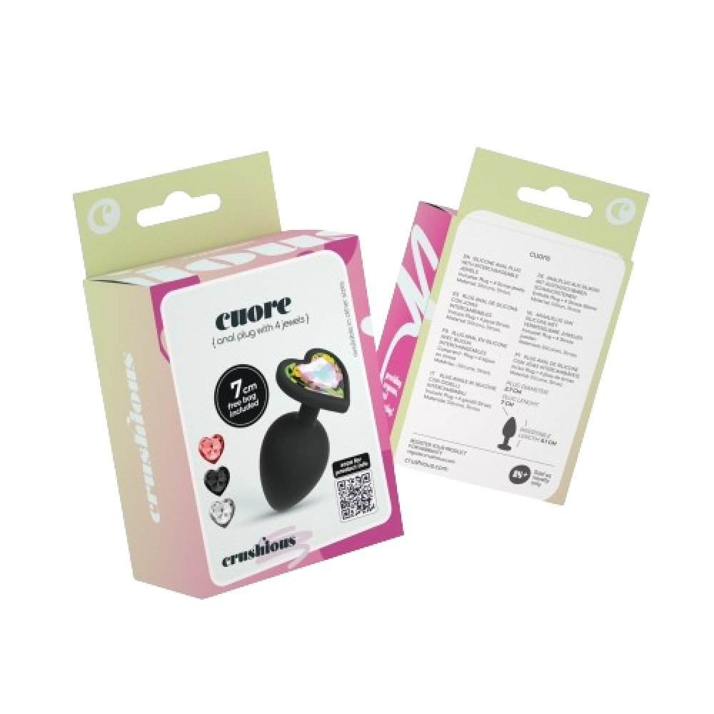 Анальные игрушки без вибрации - Анальная пробка Cuore Crushious, со сменными кристаллами, силиконовая, черная, 7 х 2.7 см, размер S 9