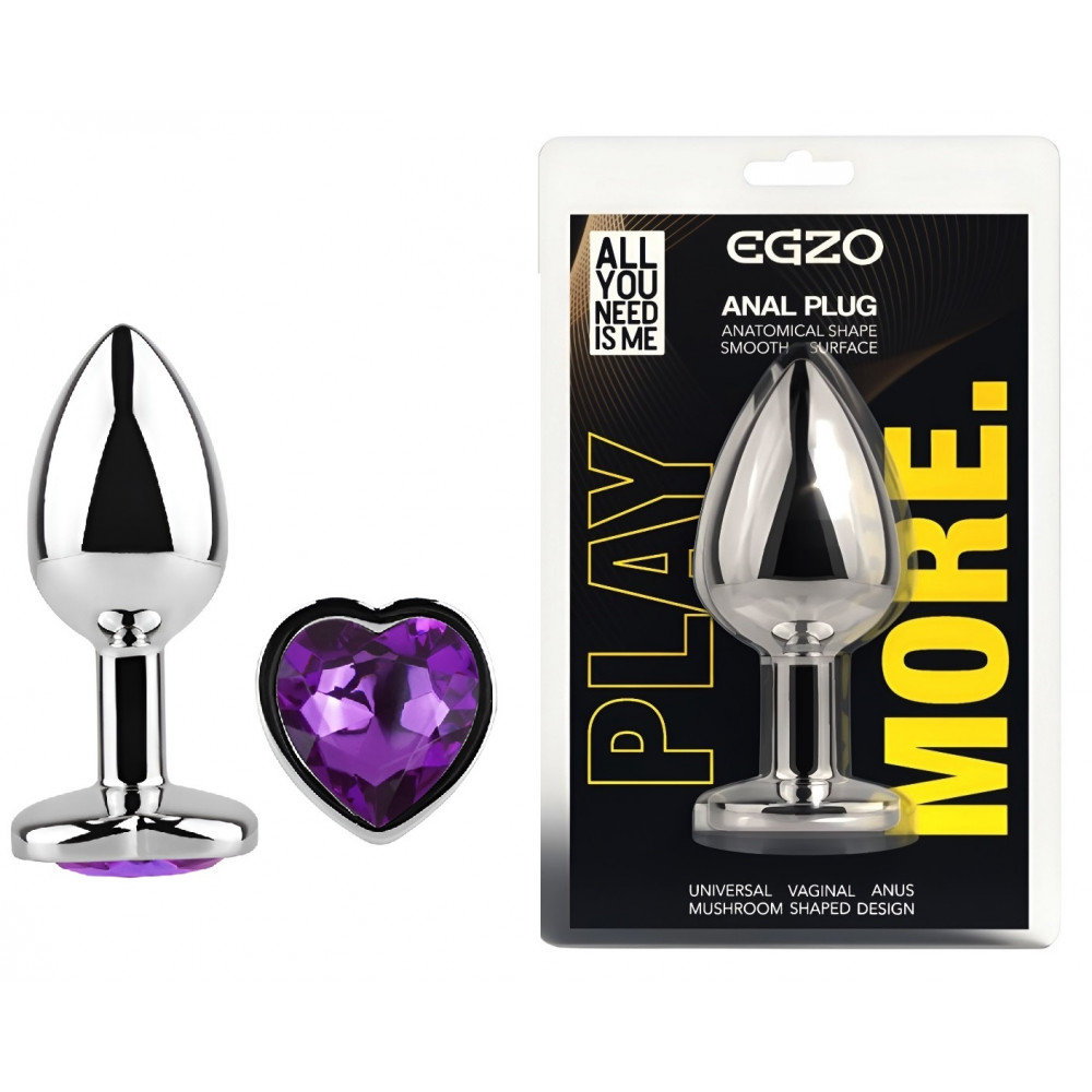 Анальные игрушки без вибрации - Анальная пробка с кристаллом EGZO - Silver Heart Plug Purple size S