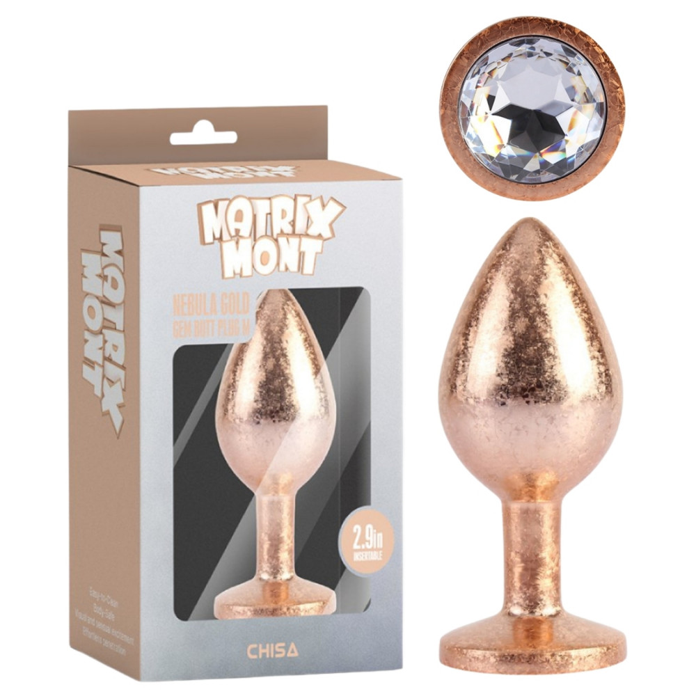 Анальные игрушки без вибрации - Анальная пробка золотая поталь CHISA MATRIX MONT с белым камнем, размер S