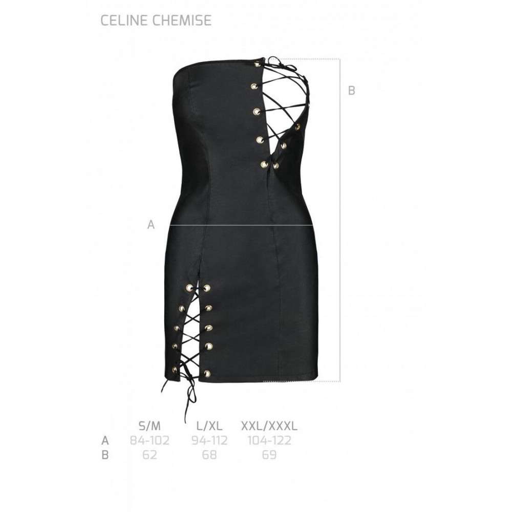 Эротические пеньюары и сорочки - Мини-платье из экокожи Celine Chemise black L/XL — Passion: шнуровка, трусики в комплекте 1