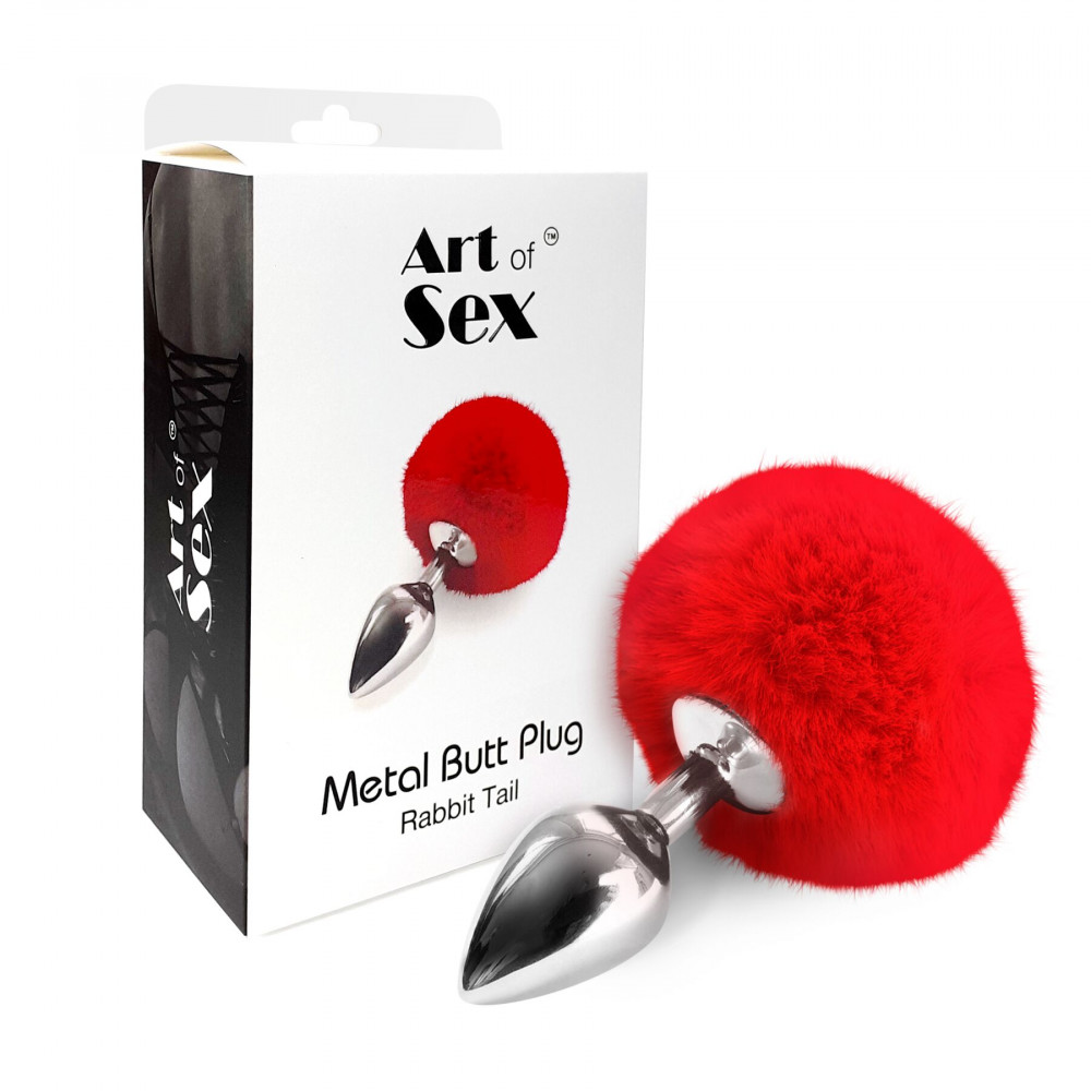 Анальный хвост - Металлическая анальная пробка М Art of Sex - Metal Butt plug Rabbit Tail, Красный 2