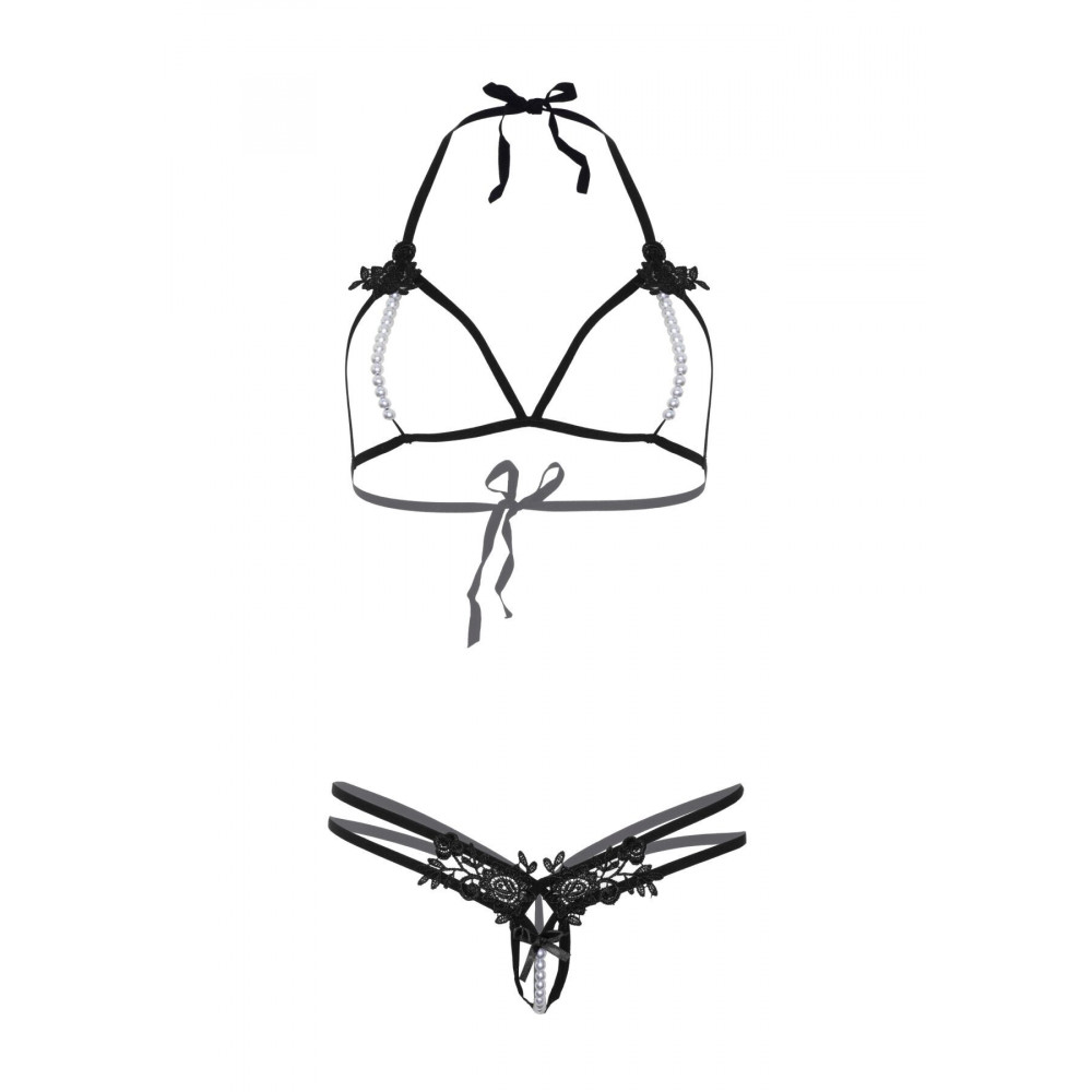 Эротические комплекты - Leg Avenue Open cup bra and pearl panty OS Black 4