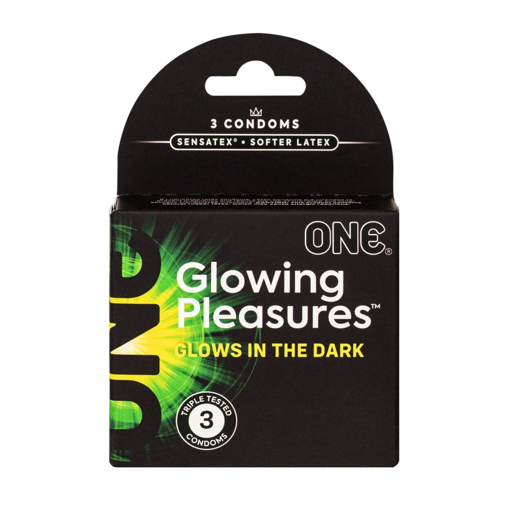 Секс игрушки - Презервативы ONE Glowing Pleasures, 3 шт, светятся в темноте (мятая упаковка!!!)