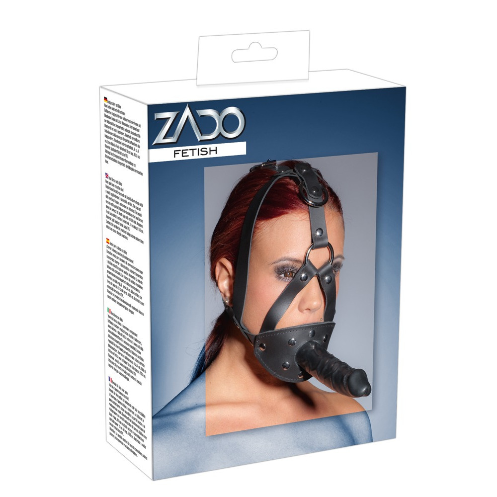 БДСМ игрушки - Маска с кляпом и фаллоимитатором ZADO Leather Head Harness with Dildo 2