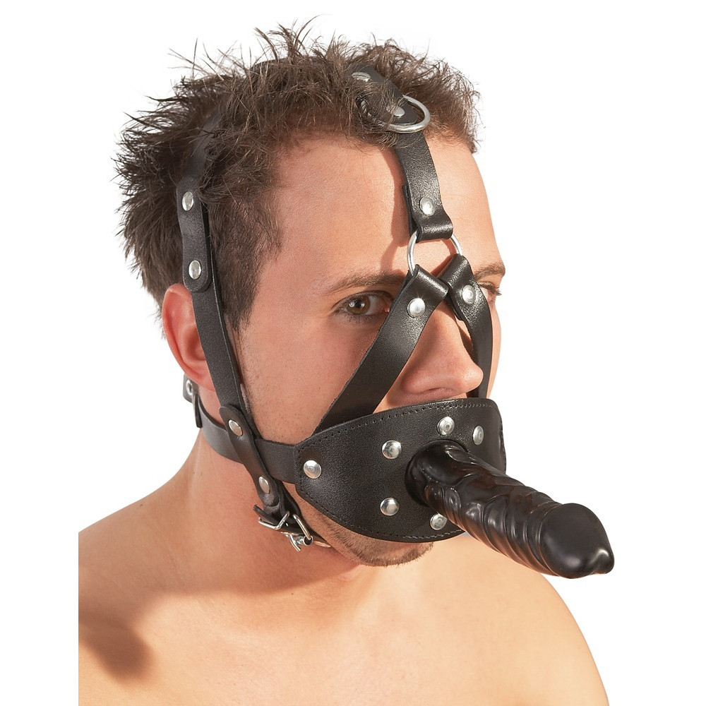 БДСМ игрушки - Маска с кляпом и фаллоимитатором ZADO Leather Head Harness with Dildo 3