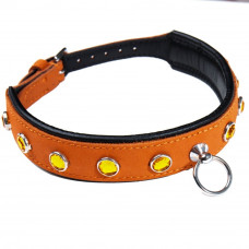 Ошейник со стразами тонкий DS Fetish кожаный, оранжевый (Голландия)