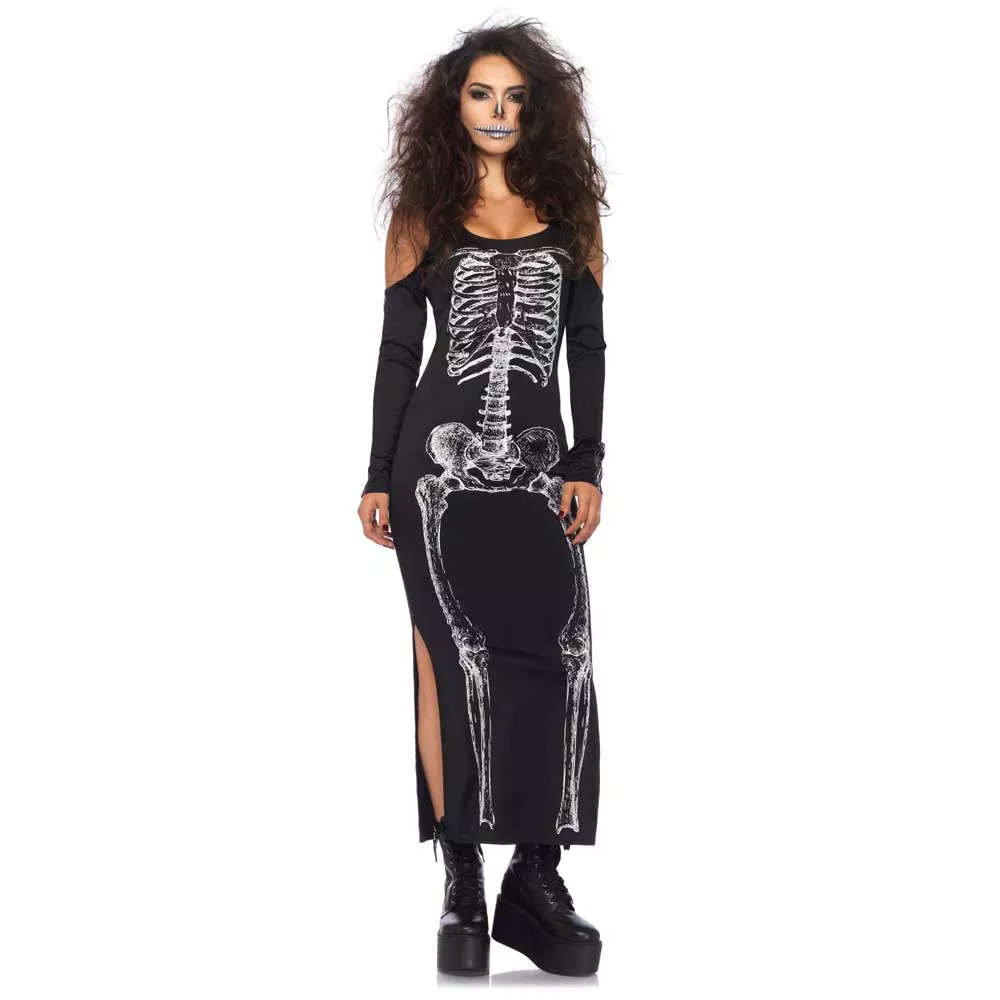 Эротические костюмы - Платье макси Leg Avenue, S/M, с принтом скелета и боковым вырезом, черное