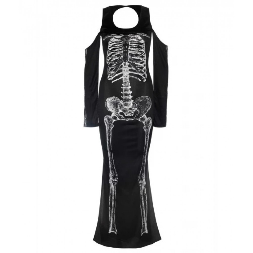 Эротические костюмы - Платье макси Leg Avenue, S/M, с принтом скелета и боковым вырезом, черное 1